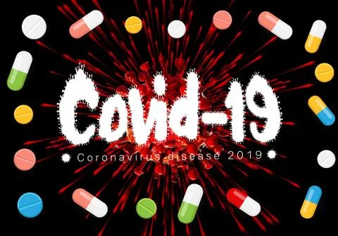 Abstract Unique 3d Rendering Illustration For A Bloody Covid 19 With Pills Stock Illustration