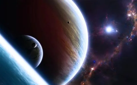 Abstract Unique Artistic Planet Flows Into a Beautiful Galaxy Background Stock Illustration