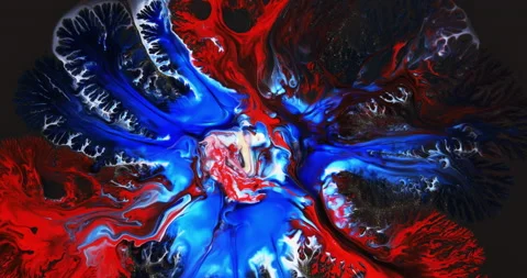 Abstract unique moving background with blue, red paint on a black substrate. Liq Stock Footage 245018031