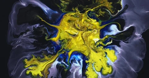 Abstract unique moving background with blue, yellow paint on a black substrate.  Stock Footage 252528498