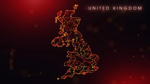 Abstract United Kingdom Map Digital Network Background With Red And Orange .. Stock Illustration