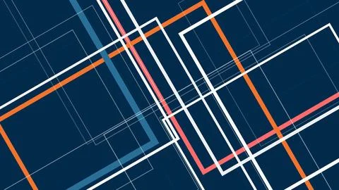 An abstract urban grid of intersecting neon lines in deep blue, orange, and.. Stock Illustration