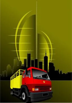 Abstract urban modern composition with red-yellow truck image. Vector Stock Illustration