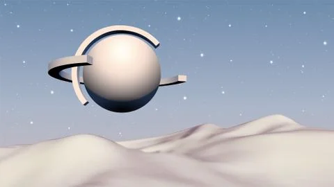 Abstract vaporwave background with solid ball and orbits flying over mountain Stock Illustration