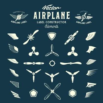 Abstract Vector Airplane Labels or Logos Construction Elements. On Blue Stock Illustration