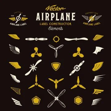 Abstract Vector Airplane Labels or Logos Construction Elements. On Dark Stock Illustration
