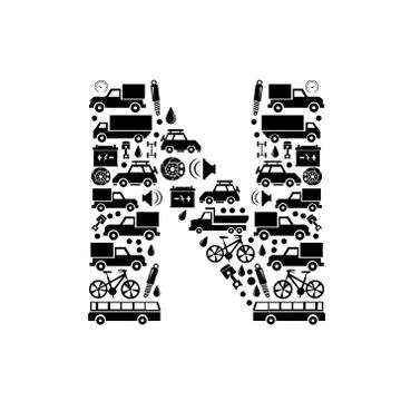 Abstract vector alphabet - N made from car icon - alphabet set Stock Illustration