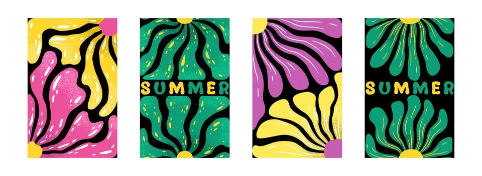 Abstract vector art illustrations set with colorful groovy flowers and lett.. Stock Illustration