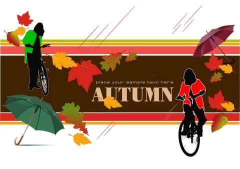 Abstract vector autumnal leaves pattern background with bicycle woman and umb イラスト素材