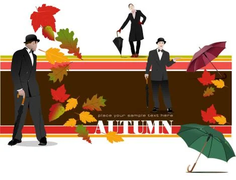 Abstract vector autumnal leaves pattern background with woman and man with um Illustrazione stock