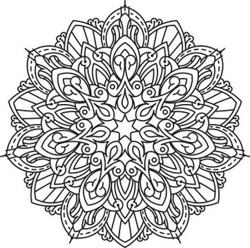 Abstract vector black round, heptagon lace design in mono line style - mandal Stock Illustration
