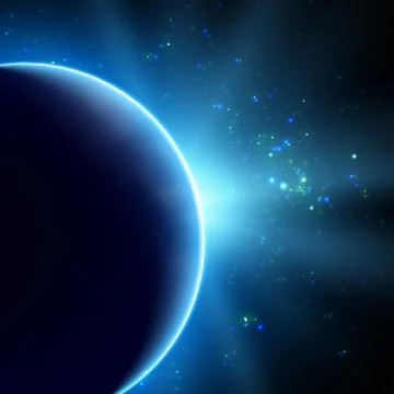 Abstract vector blue background with planet and eclipse of its star. Bright s Stock Illustration