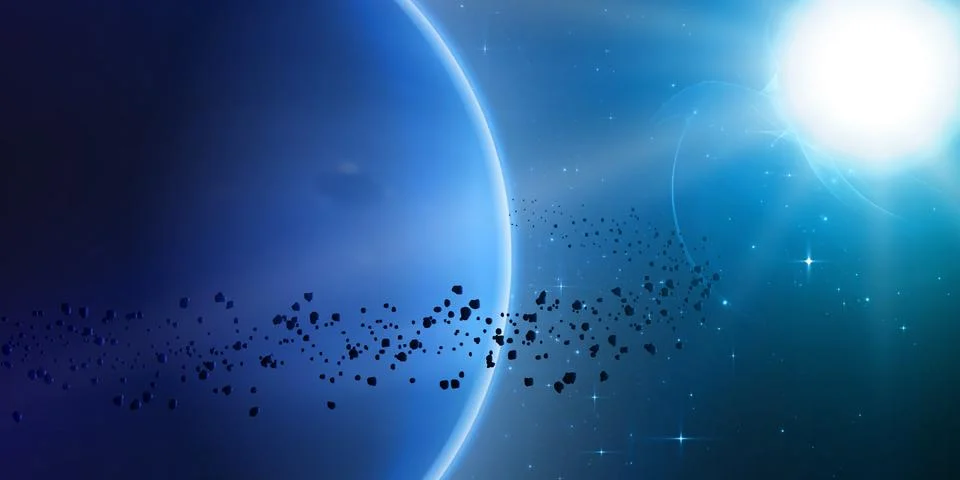 Abstract vector blue background with planet and ring of asteroids around. Bri Stock Illustration