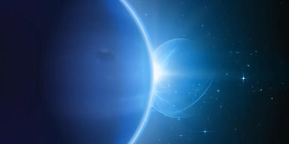 Abstract vector blue background with plant and eclipse of its star. Bright st Stock Illustration