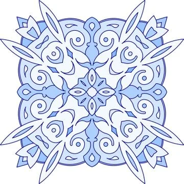 Abstract vector blue square lace design in mono line style - mandala, ethnic  스톡 일러스트