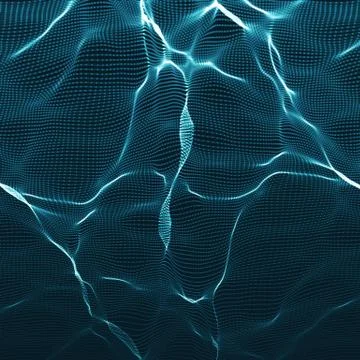 Abstract vector blue wave mesh background. Point cloud array. Chaotic light w Stock Illustration