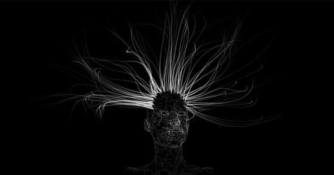 Abstract Vector Bust of a Man with Swirls of Glowing Lines on a Black Backgro Stock Illustration
