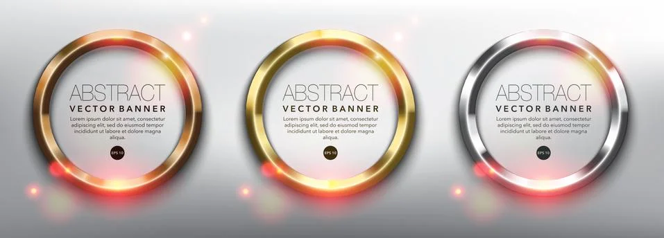 Abstract vector circle banners set of 3. Gold, bronze and silver rings. Stock Illustration