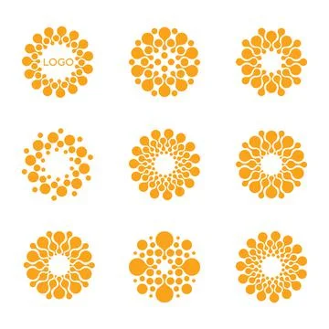 Abstract vector circle logotype. Orange unusual isolated chemistry logos set Stock Illustration