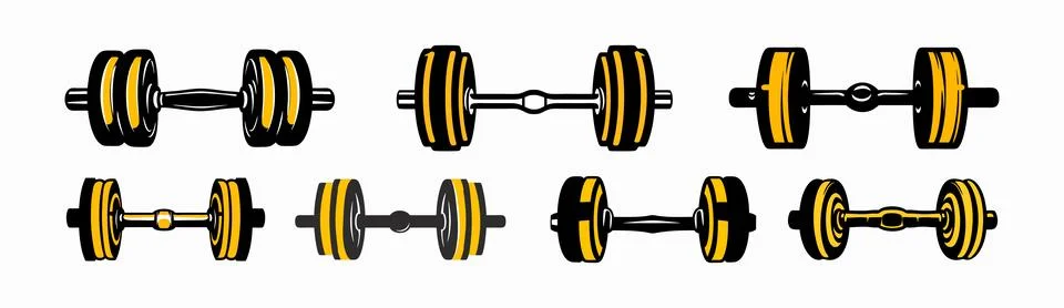 Abstract Vector Collection of dumbbells with yellow accents Icon or Logo De.. Stock Illustration