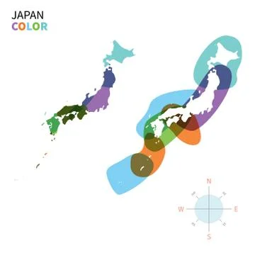 Abstract vector color map of Japan with transparent paint effect. Stock Illustration