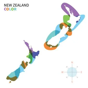 Abstract vector color map of New Zealand with transparent paint effect. 스톡 일러스트