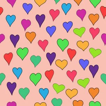 Abstract vector colored valentine seamless with doodle hearts - red, orange,  Stock Illustration