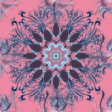 Abstract vector decorative ethnic mandala sketchy seamless pattern. Pink, violet 스톡 일러스트