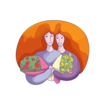 Abstract vector design of two hugging women with flower bouquets. Element for 8 Illustrazione stock