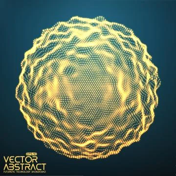 Abstract vector distorted sphere. Explosion of sphere with glowing particles. Illustrazione stock