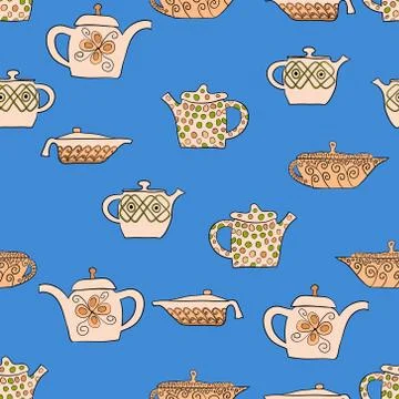 Abstract vector doodle tea pot seamless pattern Stock Illustration