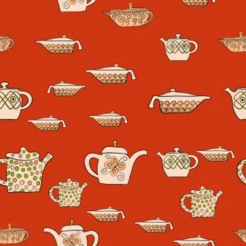 Abstract vector doodle tea pot seamless pattern 스톡 일러스트