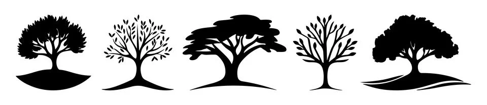 Abstract Vector Five different tree silhouettes Icon or Logo Design Template 스톡 일러스트