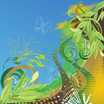Abstract vector floral background with butterflies Stock Illustration