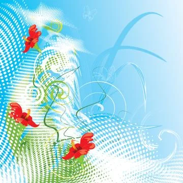 Abstract vector floral background with butterflies Stock Illustration
