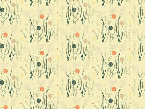 Abstract vector flowers, green grass on delicate yellowish background Stock Illustration