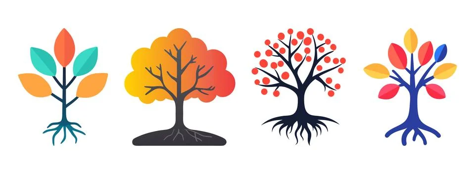 Abstract Vector Four stylized trees with different color palettes Icon or L.. Stock Illustration