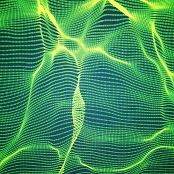 Abstract vector green wave mesh background. Point cloud array. Chaotic light  Illustrazione stock