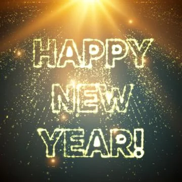 Abstract vector Happy New Year background. Explosion of glowing particles and Stock Illustration
