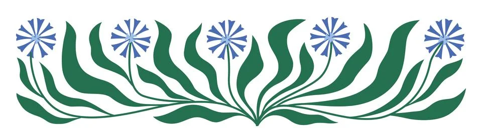 Abstract vector horizontal banner with simple blue cornflower, leaves for cover Stock Illustration