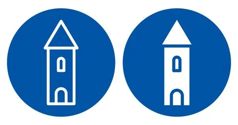 Abstract Vector Icons of Tower Designs on Blue Circle Backgrounds Illustrazione stock