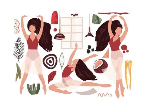 Abstract vector illustration. Ballet dancer girl icon set. Stock Illustration