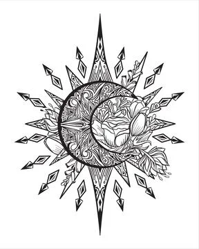 Abstract vector illustration of a crescent moon and flowers Stock Illustration
