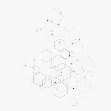 Abstract vector illustration with hexagons, lines and dots on white background Stock Illustration
