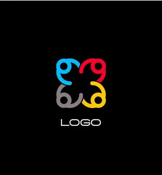 Abstract vector isolated logotype. Red, blue, gray, grey, yellow people holding Stock Illustration