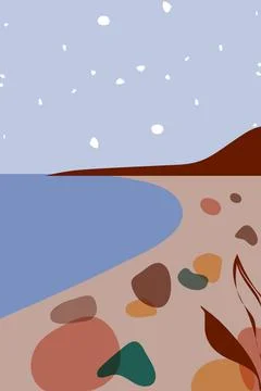 Abstract vector landscape in minimal boho style, sea coast with stones in earth Stock Illustration