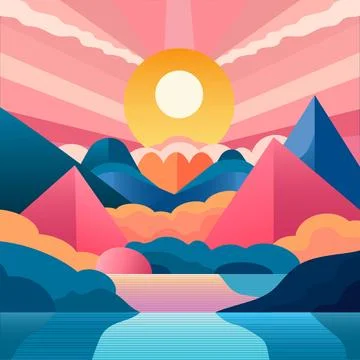 An abstract vector landscape with a sunrise over mountains and water. 스톡 일러스트