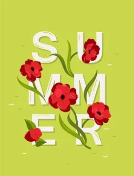 Abstract vector lettering with word Summer and red flowers Ilustração Stock