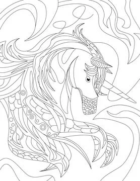 Abstract vector line drawing stylized unicorn decorated elaborate pattern mane Stock Illustration