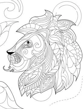 Abstract vector line drawing stylized lion foliage decorated pattern mane Stock Illustration